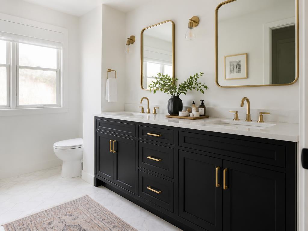 Refinished satin black vanity with gold hardware and white stone top